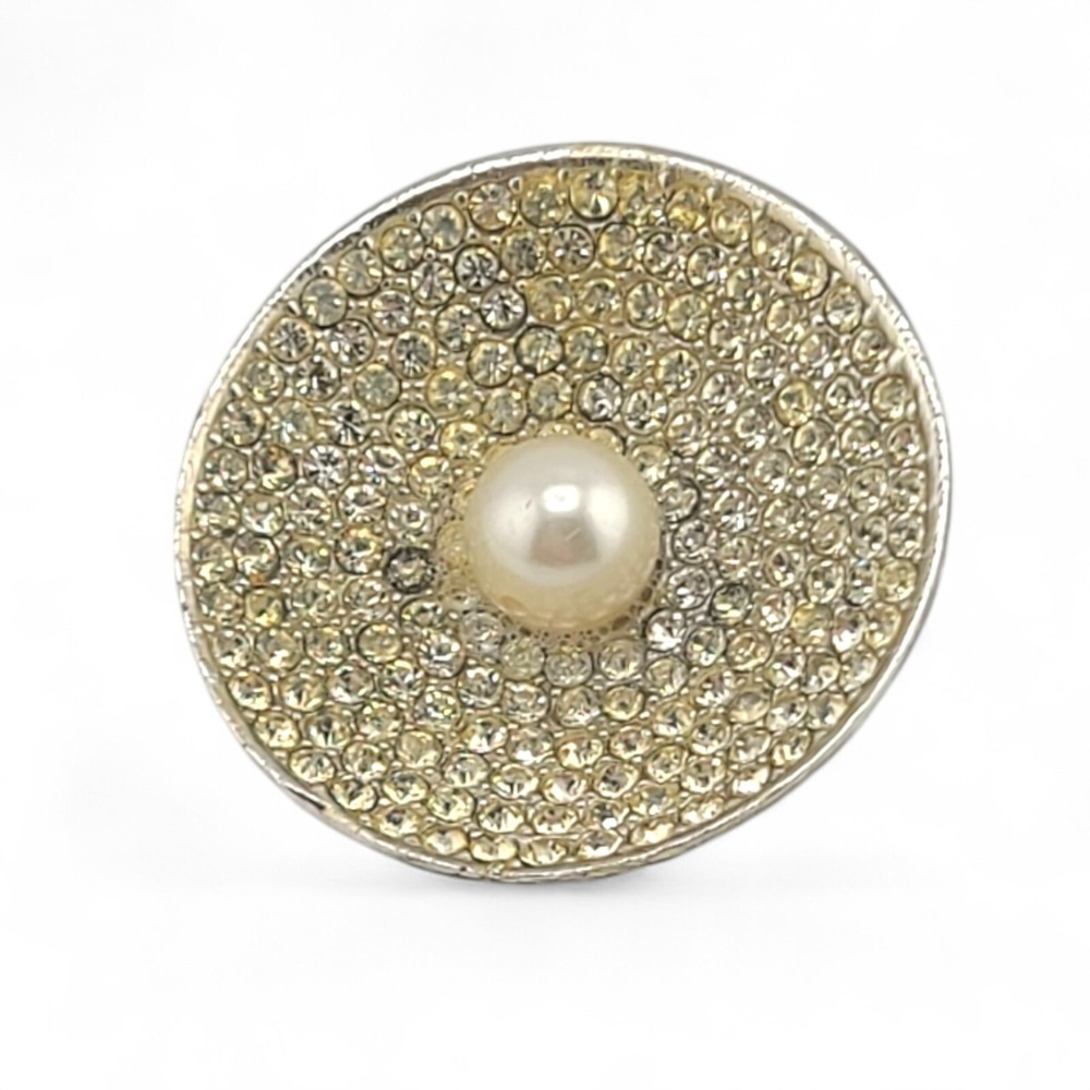 Vintage Signed KRAMER NY Rhinestone Pearl Brooch Pin Round Disc Modernist Silver